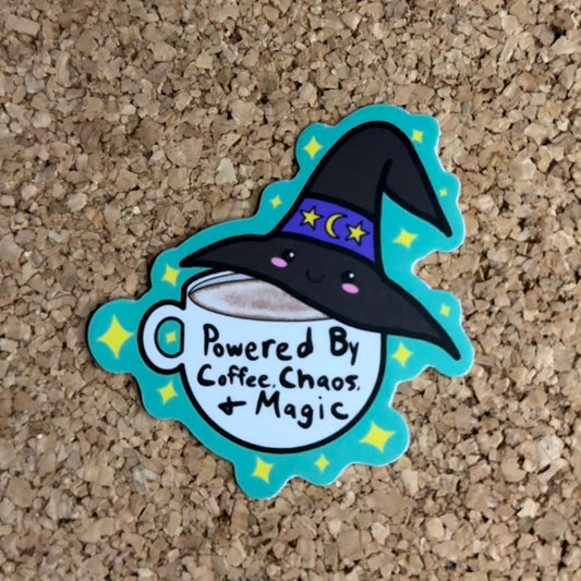 Powered By Coffee, Chaos, and Magic Witchy Coffee Sticker